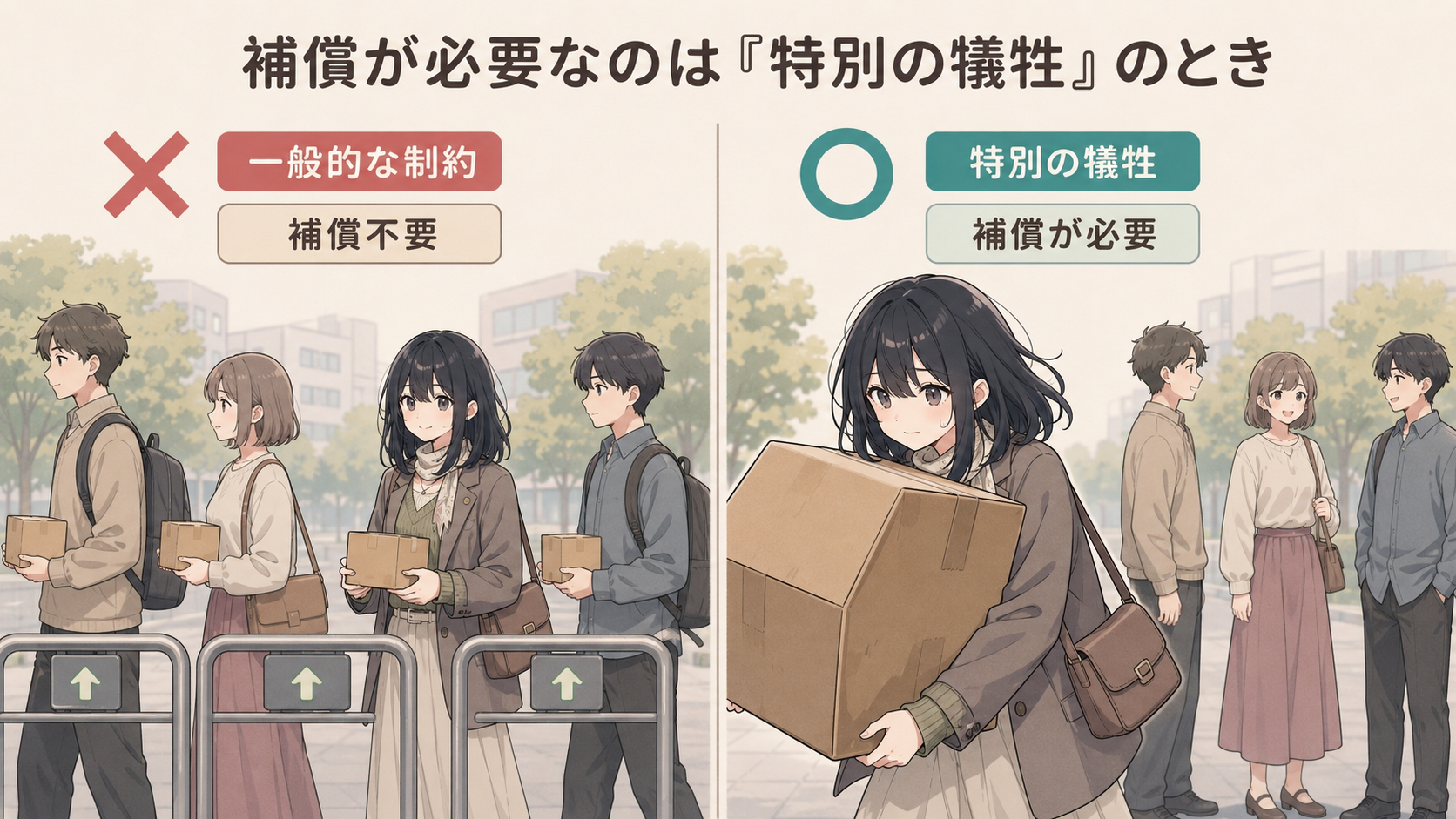 補償が必要なのは「特別の犠牲」のとき。みんなが等しく受ける一般的な制約は補償不要（✕）。特定の人だけが大きな負担を負う特別の犠牲は補償が必要（○）