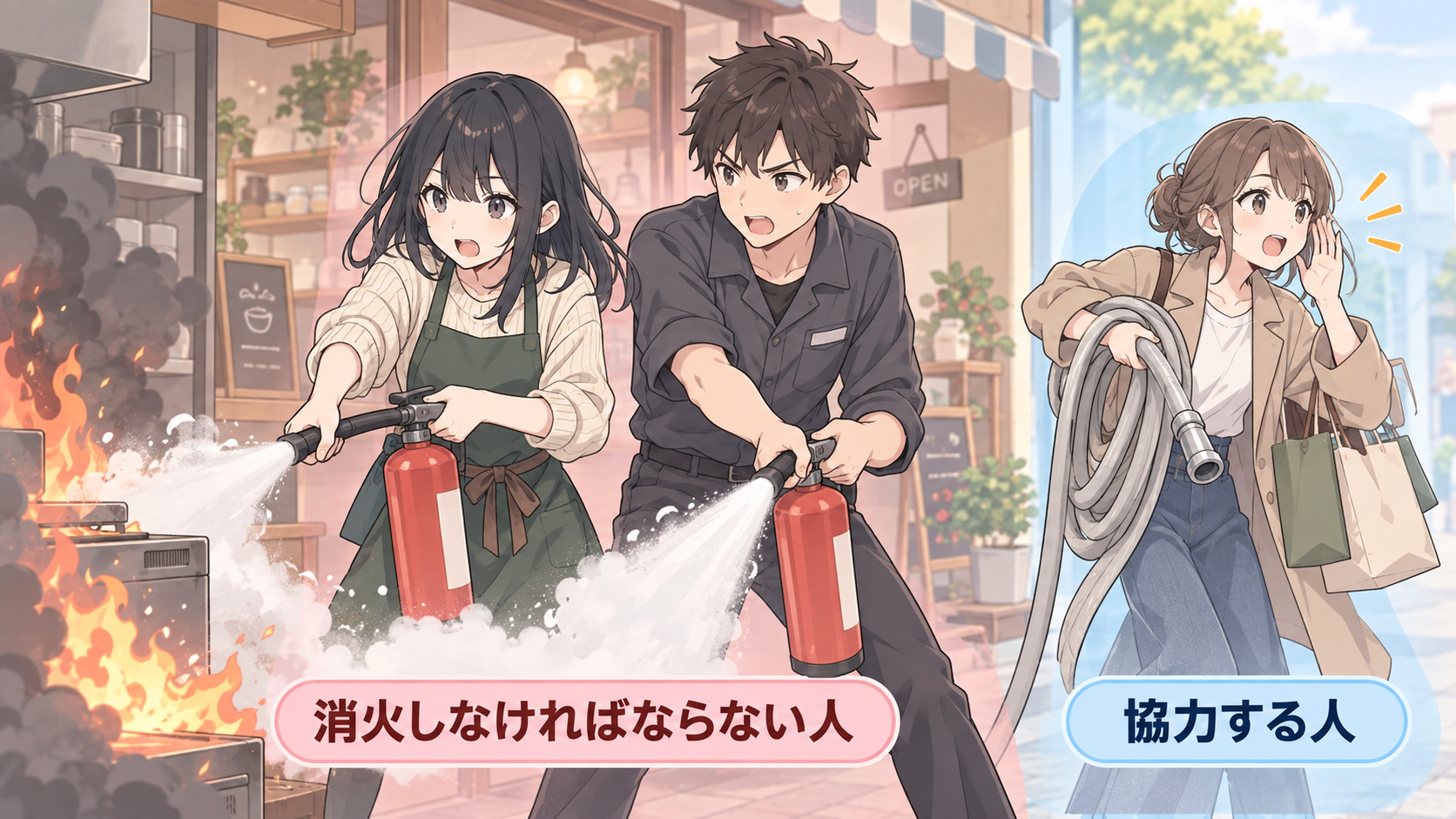 店主と従業員が消火器で消火する「消火しなければならない人」と、通りがかりの人がホースを運ぶ「協力する人」
