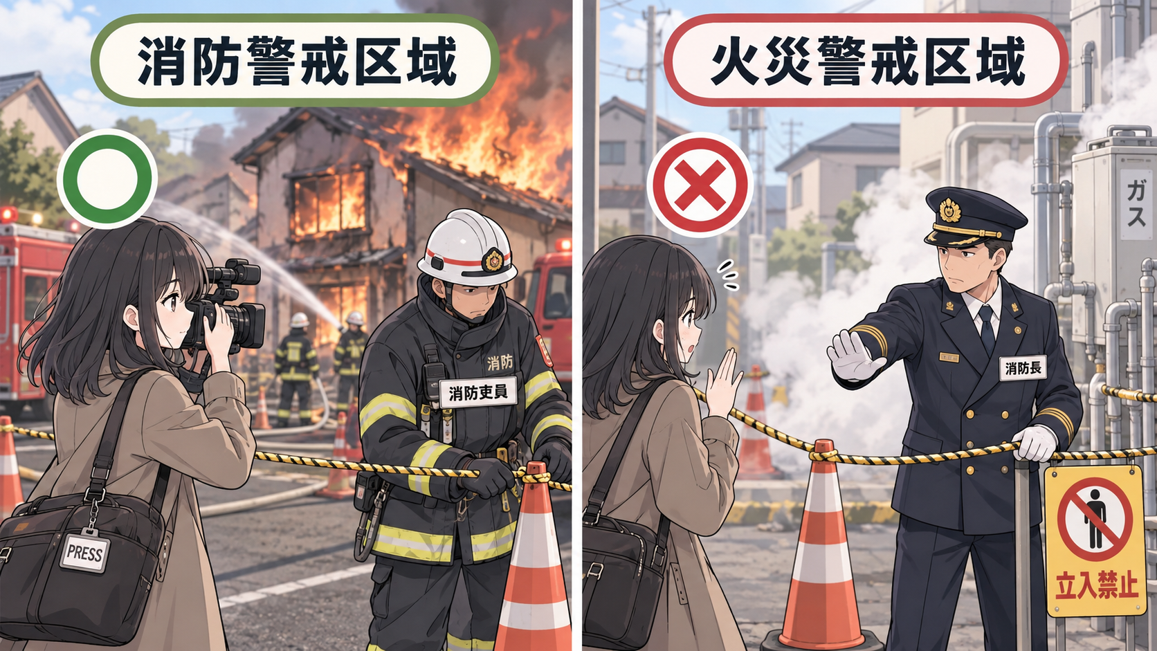 消防警戒区域では報道記者が中に入れてマル、火災警戒区域では止められてバツ。張るのも消防吏員と消防長でちがう
