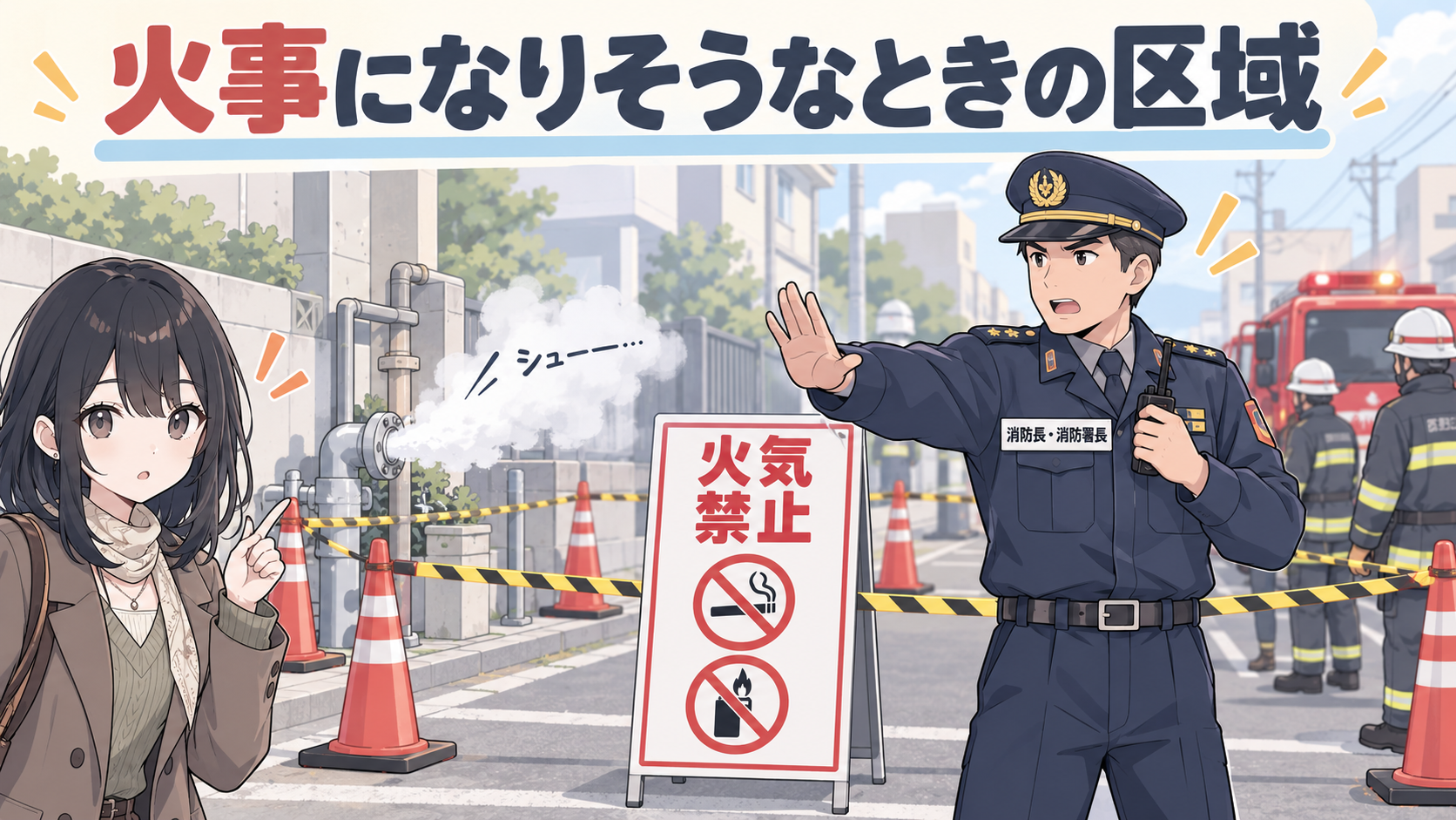 ガスが漏れている現場で消防長・消防署長が区域を設定し、火気禁止の標識が立っている