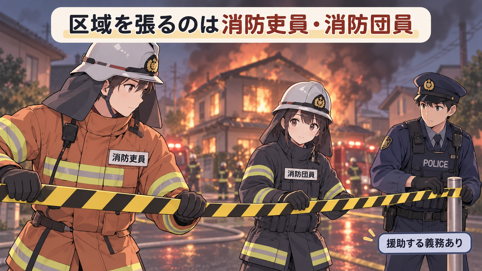 消防吏員と消防団員がロープを張り、警察官が一緒に持って手伝っている。援助する義務ありの札