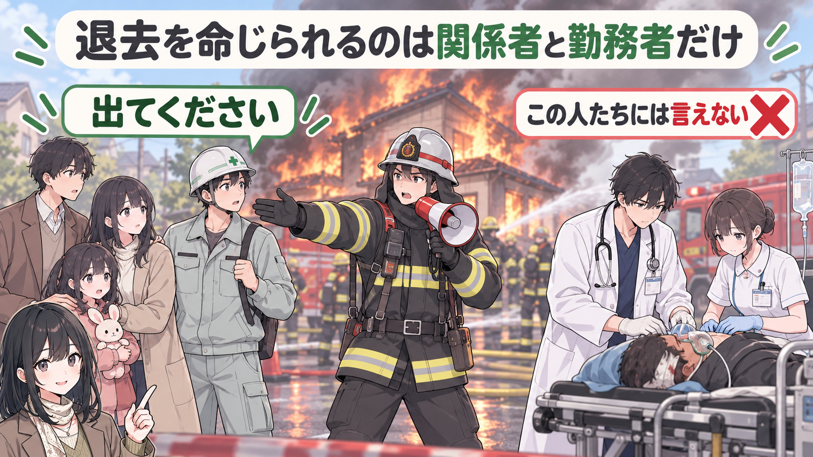 関係者と勤務者には「出てください」と言えるが、けが人を手当てする医師・看護師には言えない