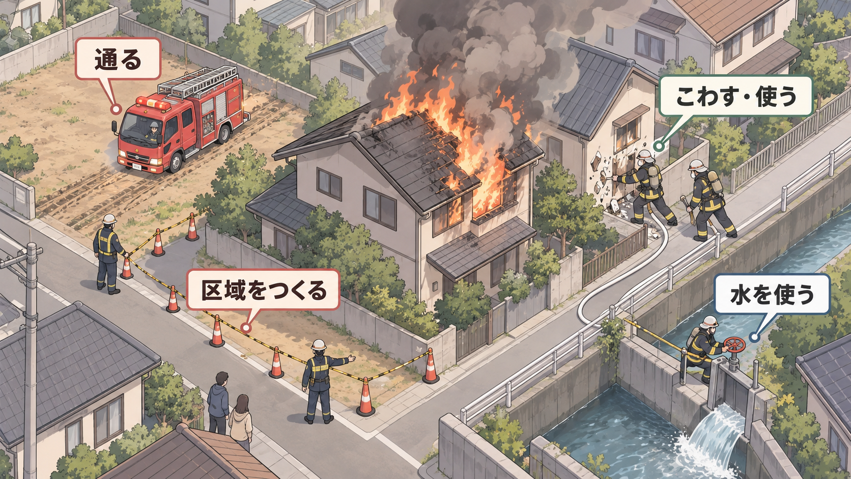 火災現場の見取り図。区域をつくる、通る、こわす・使う、水を使うの4つの権限が配置されている