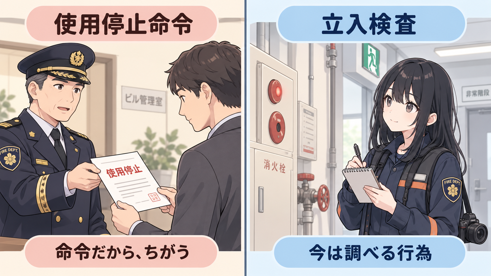 使用停止命令は命令書を手渡す場面で「命令だから、ちがう」。立入検査はメモを取る場面で「今は調べる行為」