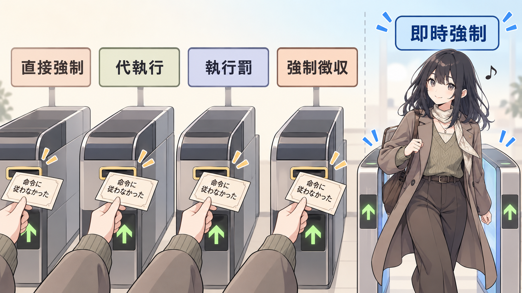直接強制・代執行・執行罰・強制徴収の4つの改札には「命令に従わなかった」の切符が必要。即時強制の改札だけ切符なしで通れる