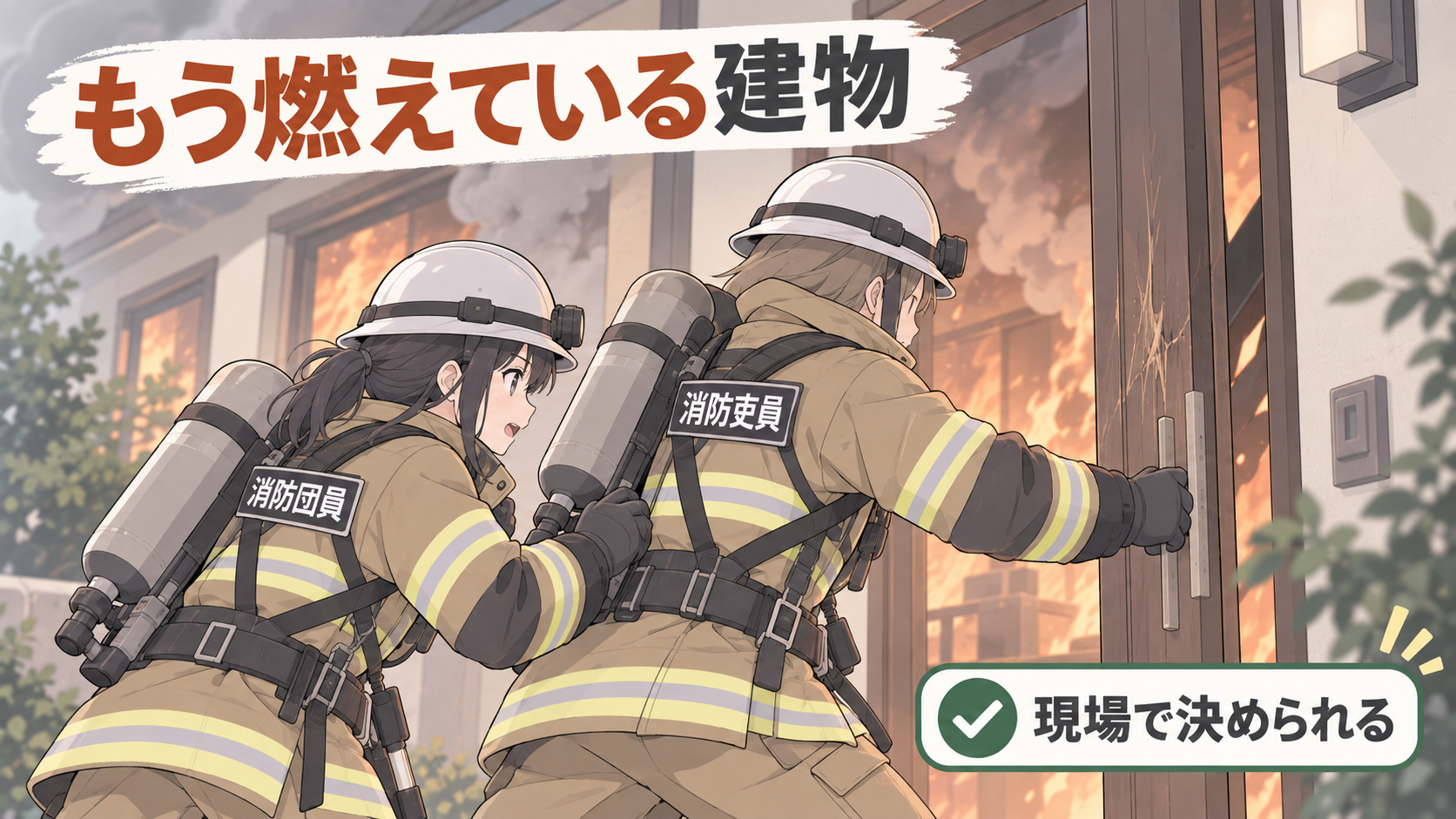 燃えている建物の玄関を消防吏員と消防団員がその場の判断で破って進入しようとしている。現場で決められるの札