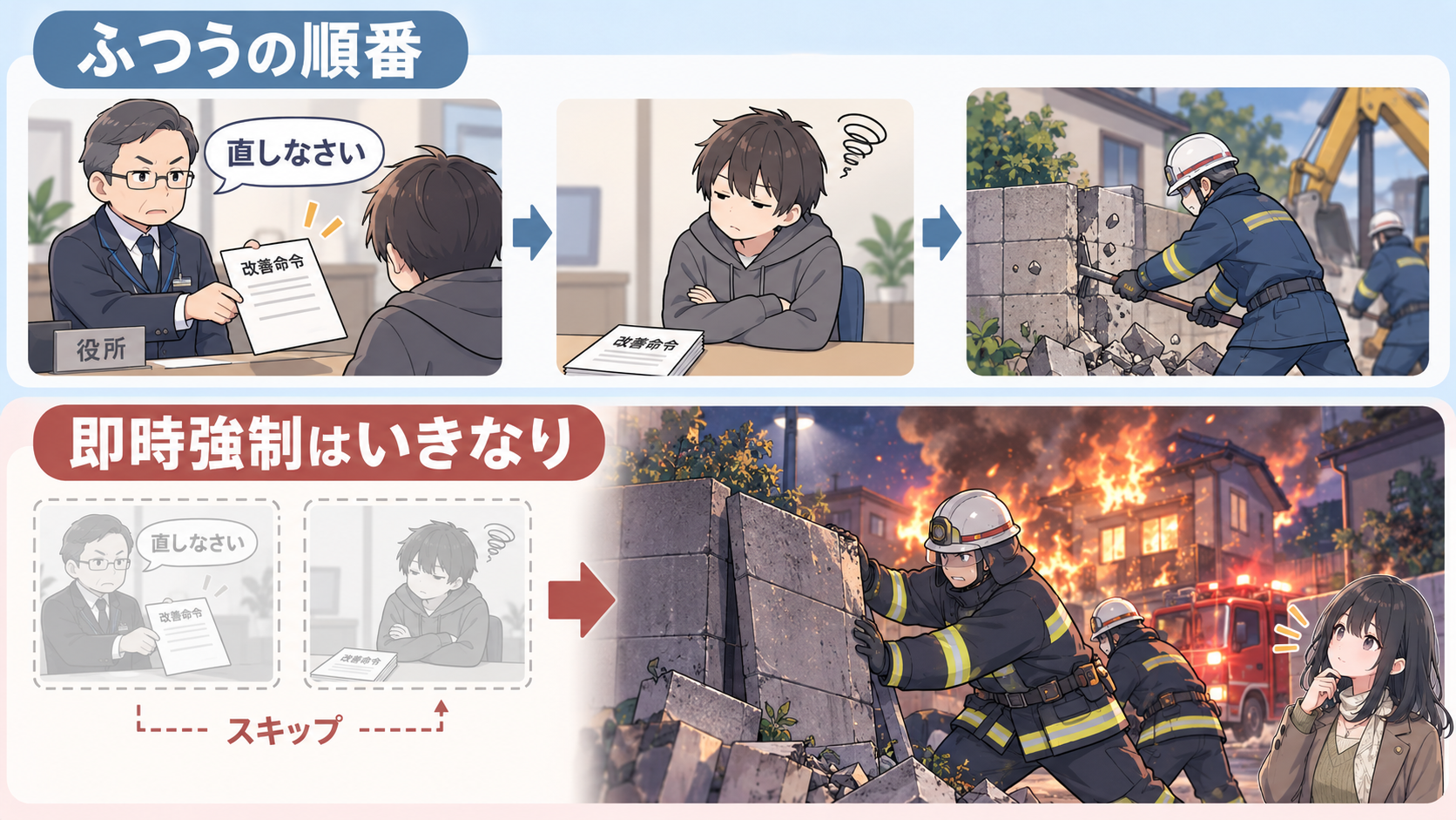 ふつうの順番は命令→従わない→強制の3コマ。即時強制は前の2コマをスキップしていきなり実行する