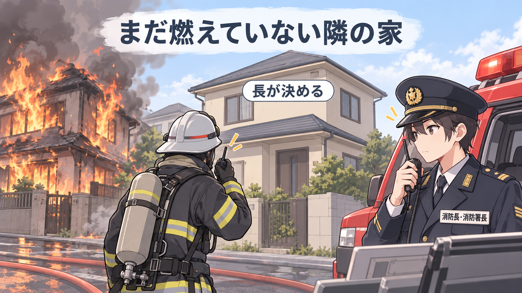 まだ燃えていない隣の家の前で隊員が手を止め、無線で消防長・消防署長の判断を仰いでいる。長が決めるの札