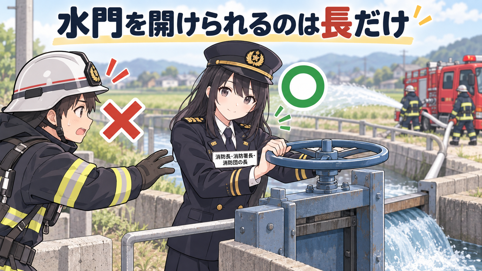 消防長・消防署長・消防団の長が水門のハンドルを回してマル。一般の団員は手を伸ばして止められバツ