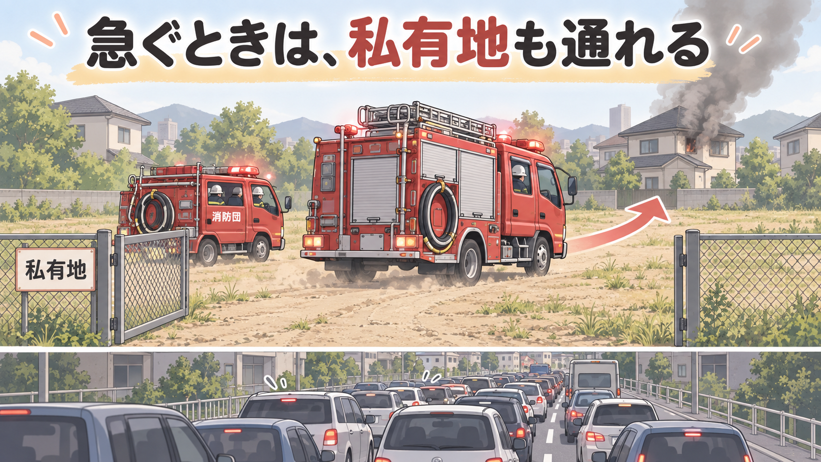 消防車と消防団のポンプ車が私有地の空き地を横切って火災現場へ向かう。下には渋滞した舗装道路