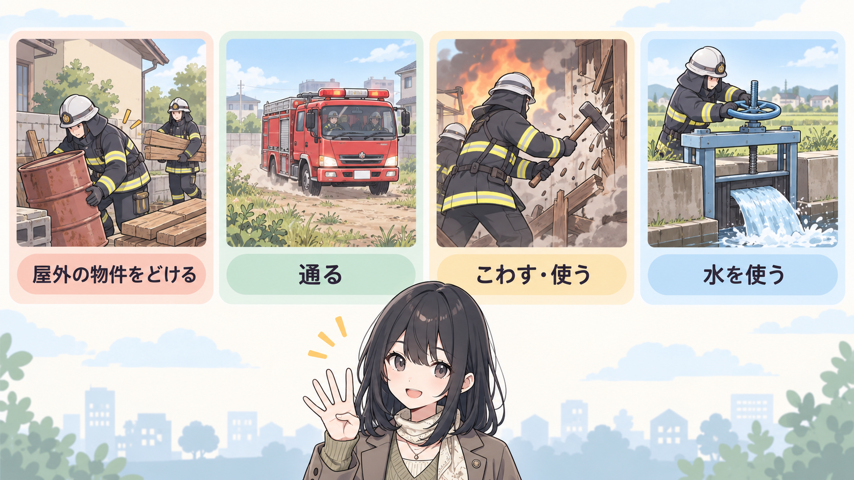 即時強制の4枚のカード。屋外の物件をどける、通る、こわす・使う、水を使う