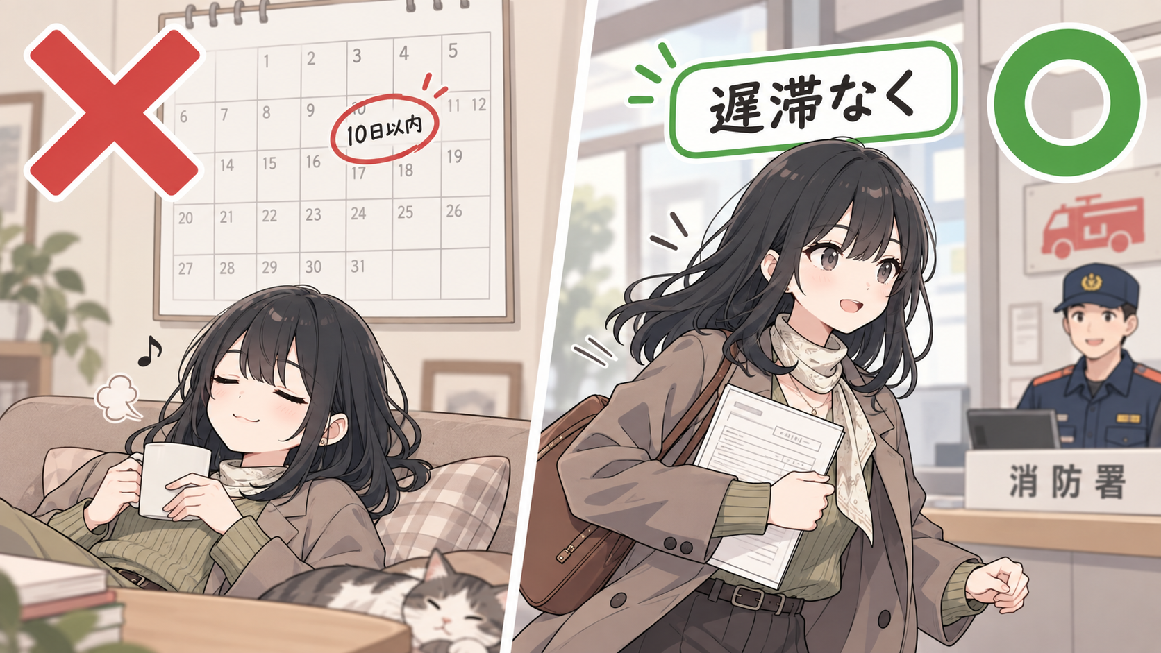 カレンダーに10日以内と書いてのんびり構える場面にバツ。届出書を持って消防署へ急ぐ場面にマルと遅滞なくの札