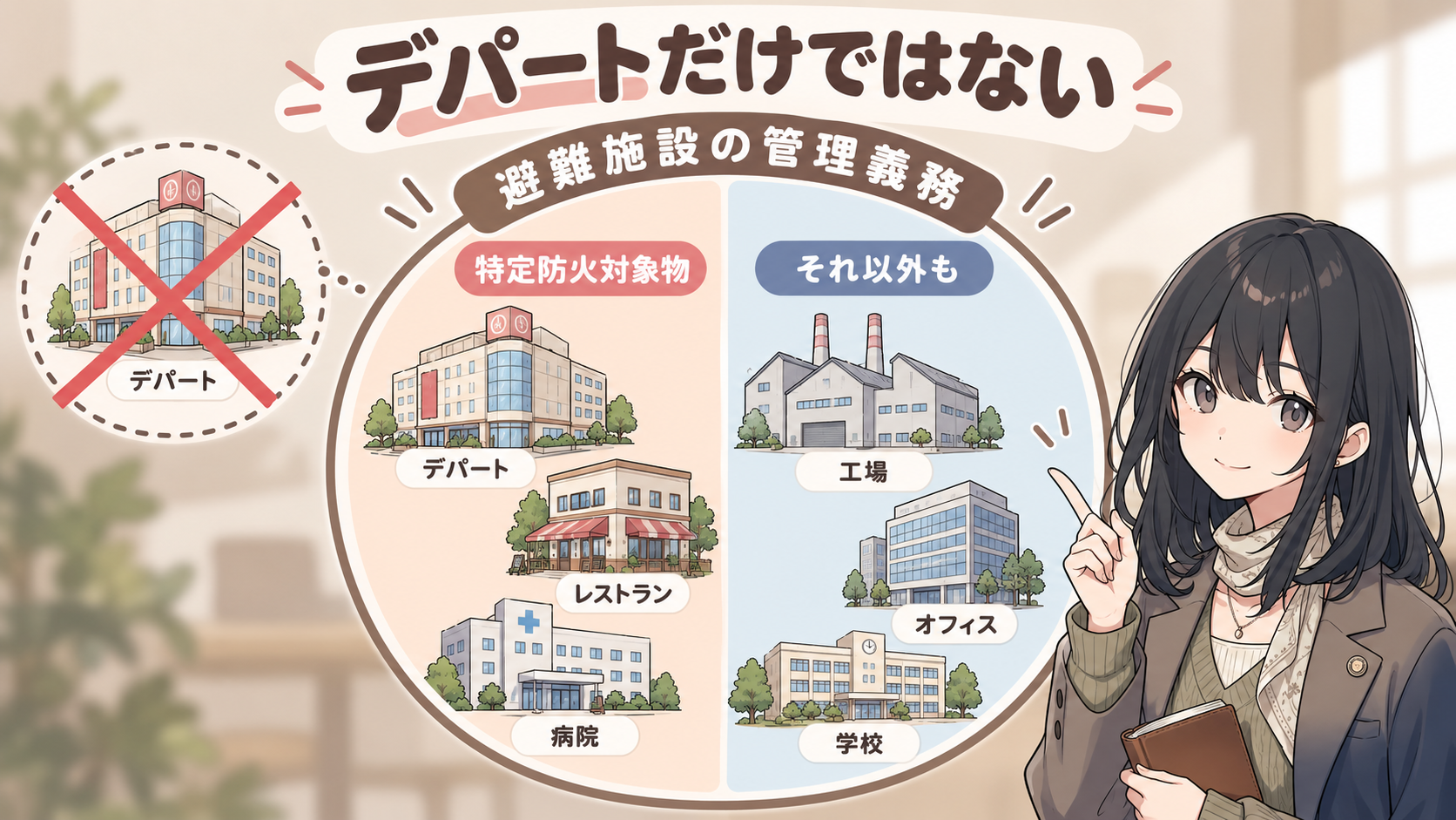 避難施設の管理義務の円。左半分に特定防火対象物のデパート・レストラン・病院、右半分にそれ以外の工場・オフィス・学校