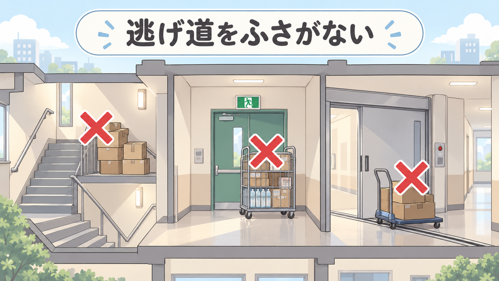 階段に段ボール、非常口の前にワゴン、防火戸の前に台車。すべてにバツ印