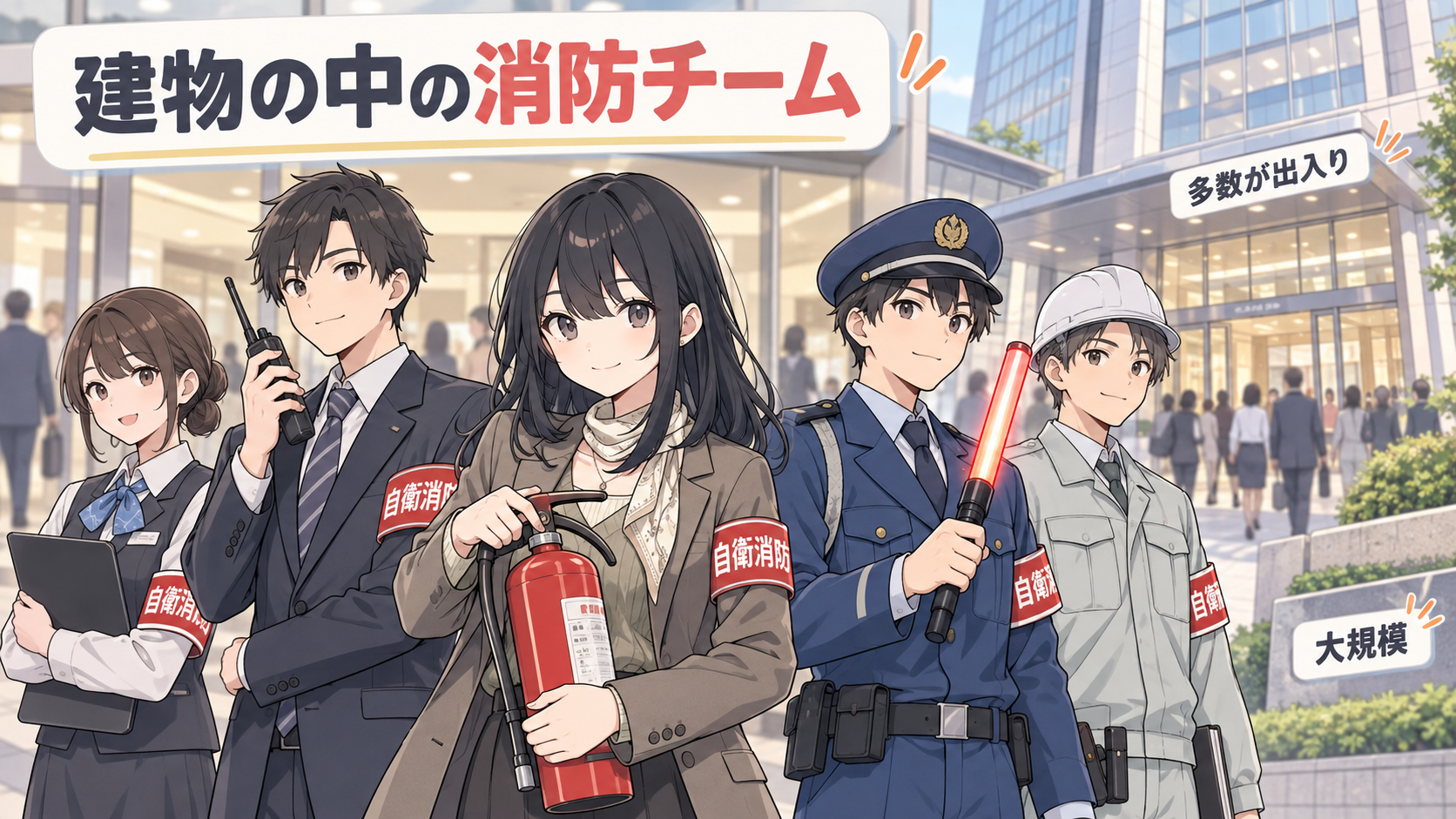 大きな商業ビルの前で、自衛消防の腕章をつけた従業員チームが整列している。多数が出入り・大規模の札