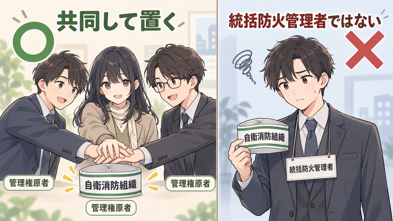 3人の管理権原者が手を重ねて共同で自衛消防組織を置く場面にマル。統括防火管理者が一人で腕章を持つ場面にバツ