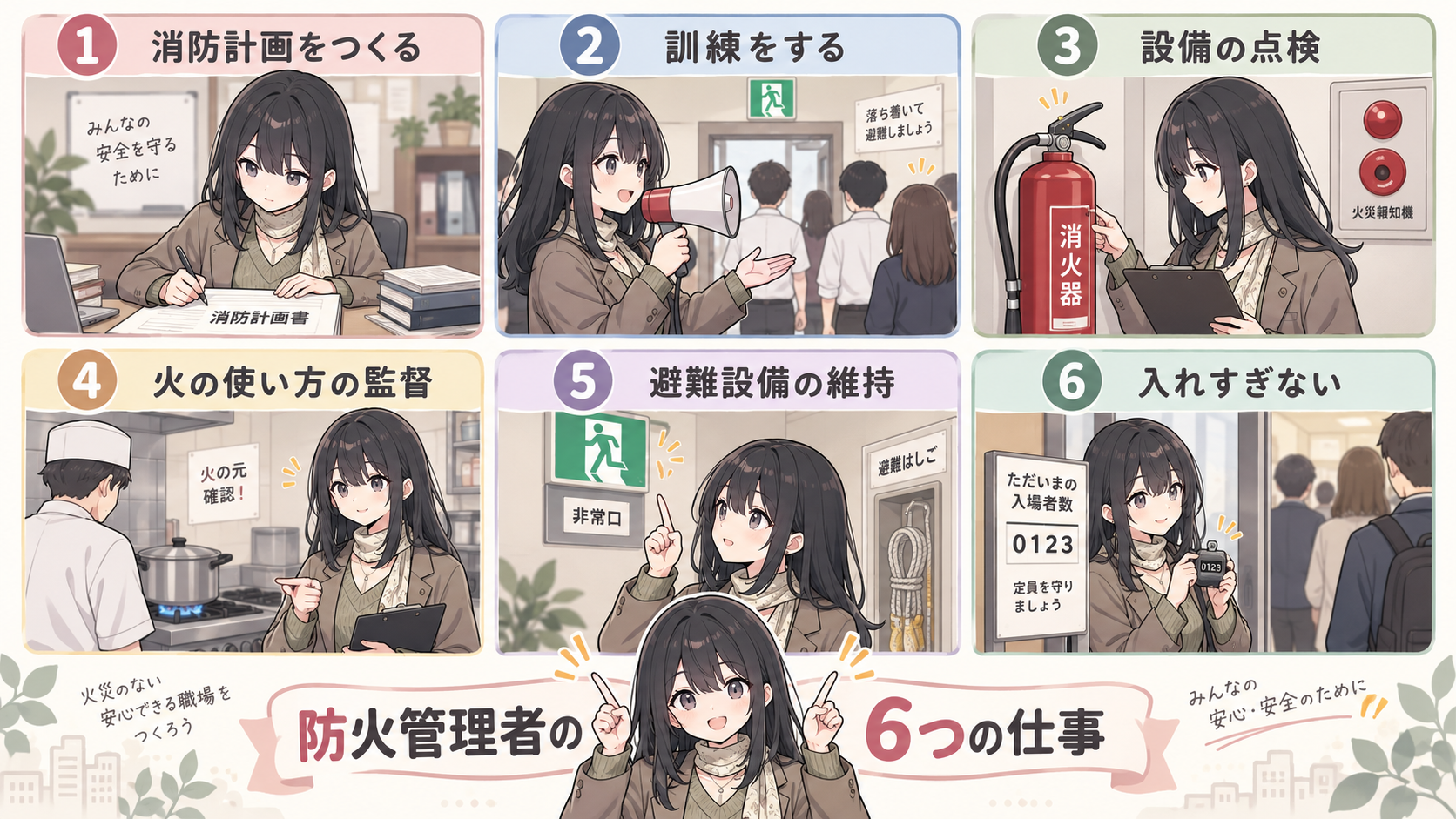 防火管理者の6つの仕事。消防計画をつくる、訓練をする、設備の点検、火の使い方の監督、避難設備の維持、入れすぎない