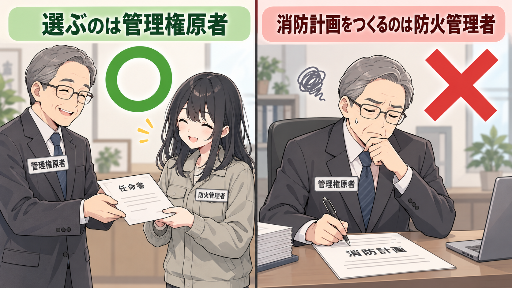選ぶのは管理権原者にマル。管理権原者が自分で消防計画を書いている場面にバツ