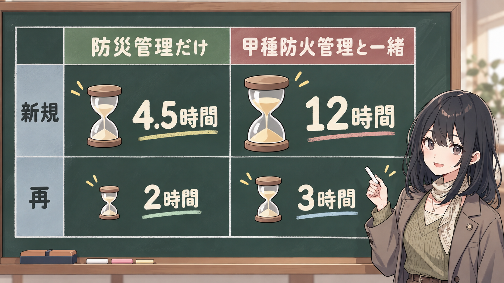 黒板の時間割表。新規は防災管理だけ4.5時間・甲種防火管理と一緒12時間、再は2時間・3時間