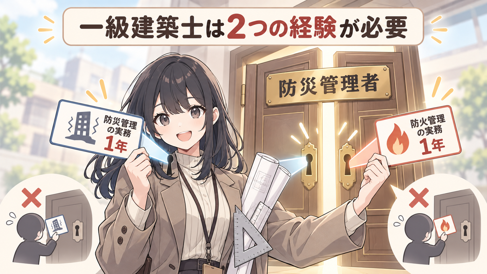 一級建築士が防火管理の実務1年と防災管理の実務1年の2枚のカードを鍵として防災管理者の扉を開ける。片方だけではバツ