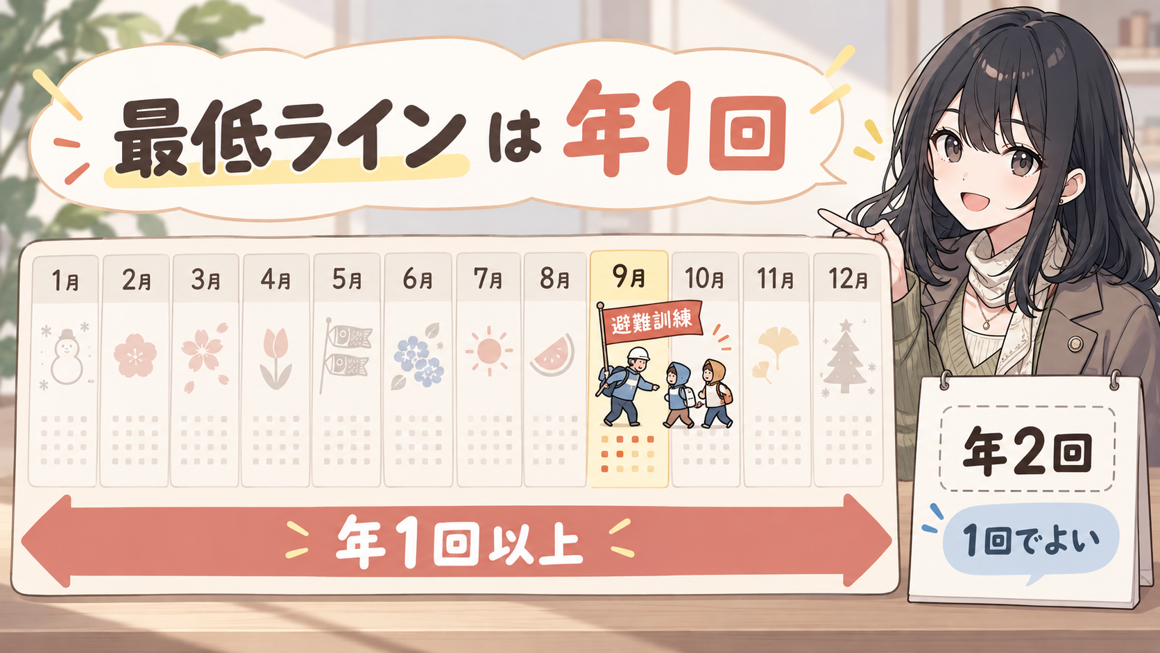 12か月のカレンダーのうち1か月だけに避難訓練の旗が立ち、年1回以上の帯がついている