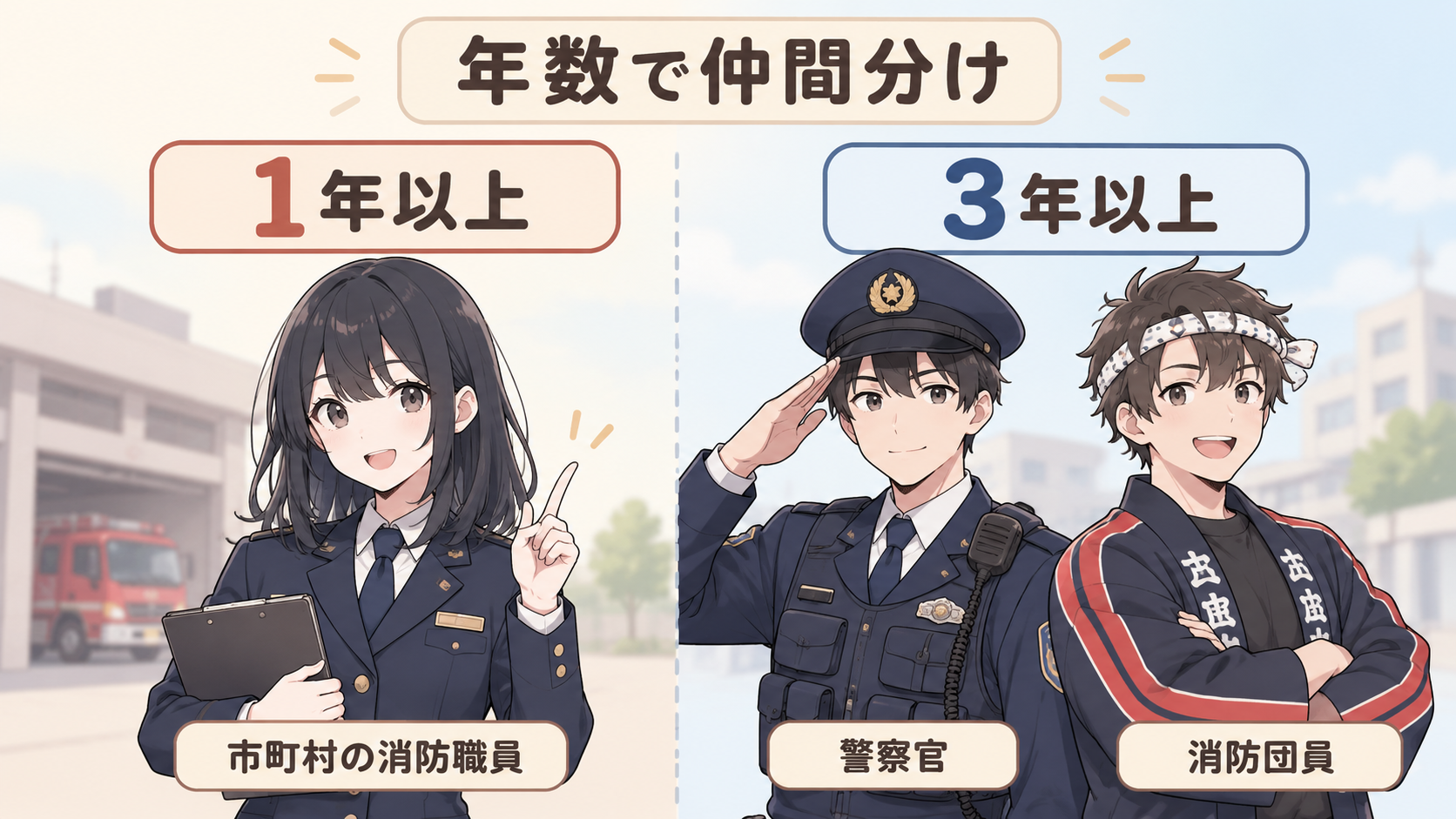 1年以上のグループに市町村の消防職員、3年以上のグループに警察官と消防団員が並ぶ