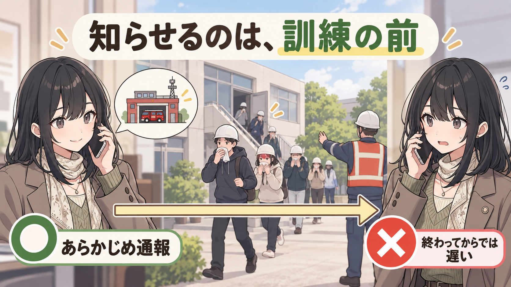 訓練の前に消防署へ電話する場面にマル、訓練が終わってから電話する場面にバツ