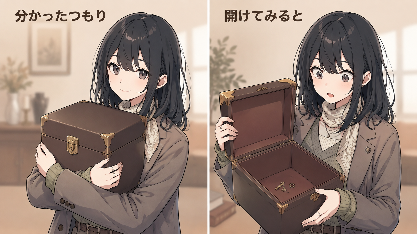立派な箱を抱えて満足している場面と、開けたら中身がほとんど空だった場面の対比