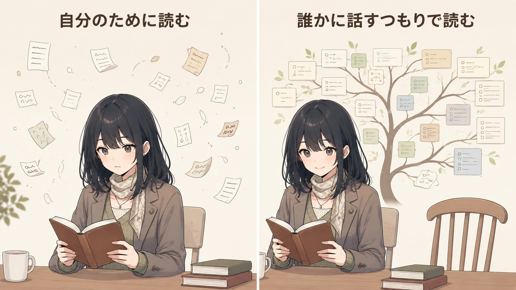 自分のために読むと文字が散らばり、誰かに話すつもりで読むと幹と枝にまとまる対比