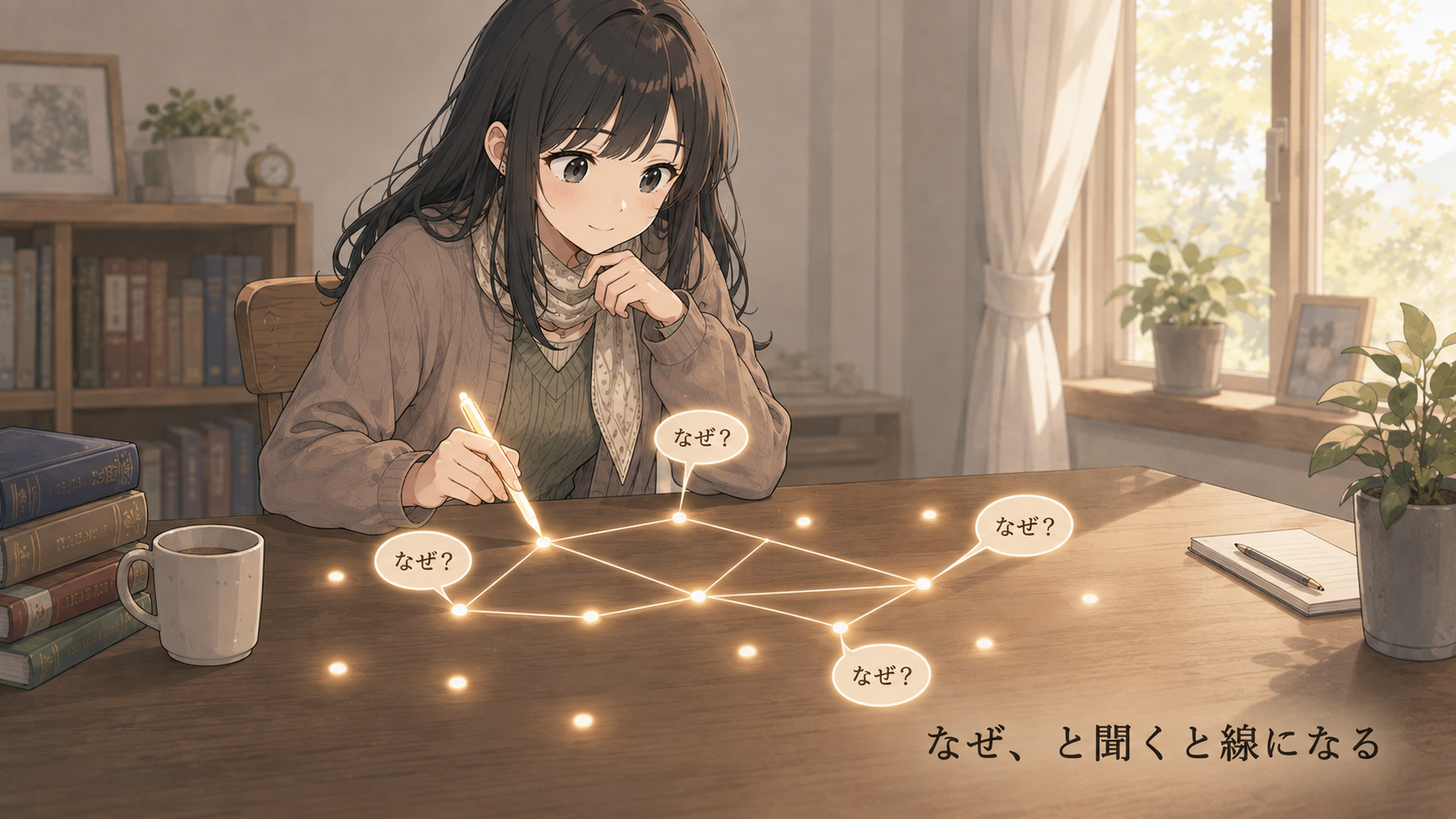 「なぜ」と問いかけるたびに、ばらばらの点のあいだに線が引かれていく場面