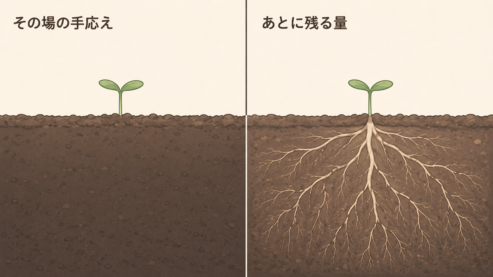 地上の芽はほとんど同じだが、土の中の根の張り方が大きく違う対比