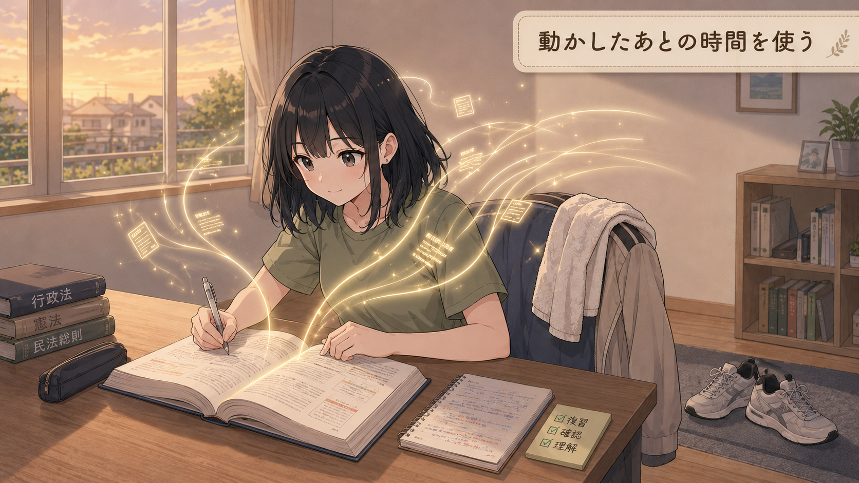 体を動かしたあと、上着とタオル、運動靴を置いて机に向かっている場面