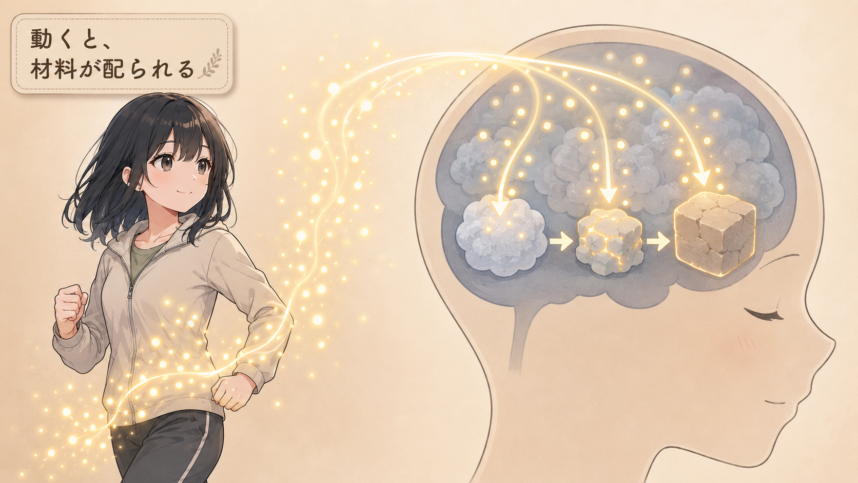 運動によって体からわき上がった光の粒が、ふわふわした記憶を固い形に変えていく図