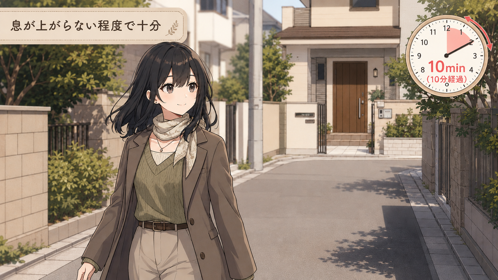 息の上がらない速さで住宅街を10分ほど散歩している場面