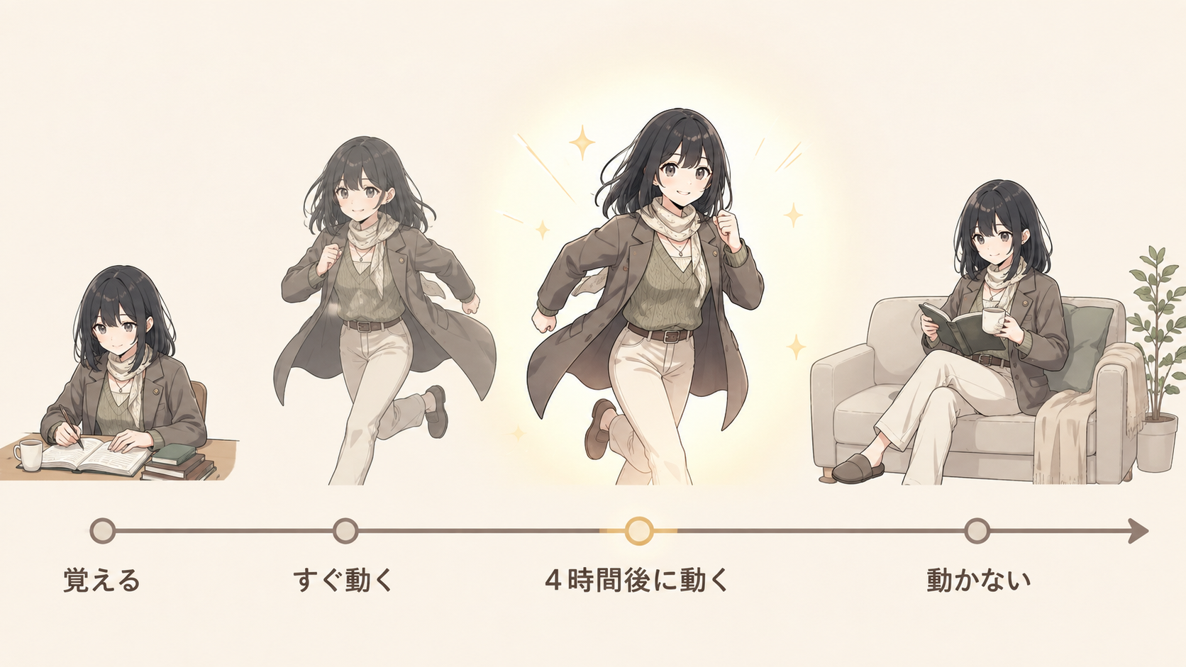覚えたあと、すぐ動く・4時間後に動く・動かないの3つを時間軸に並べた図