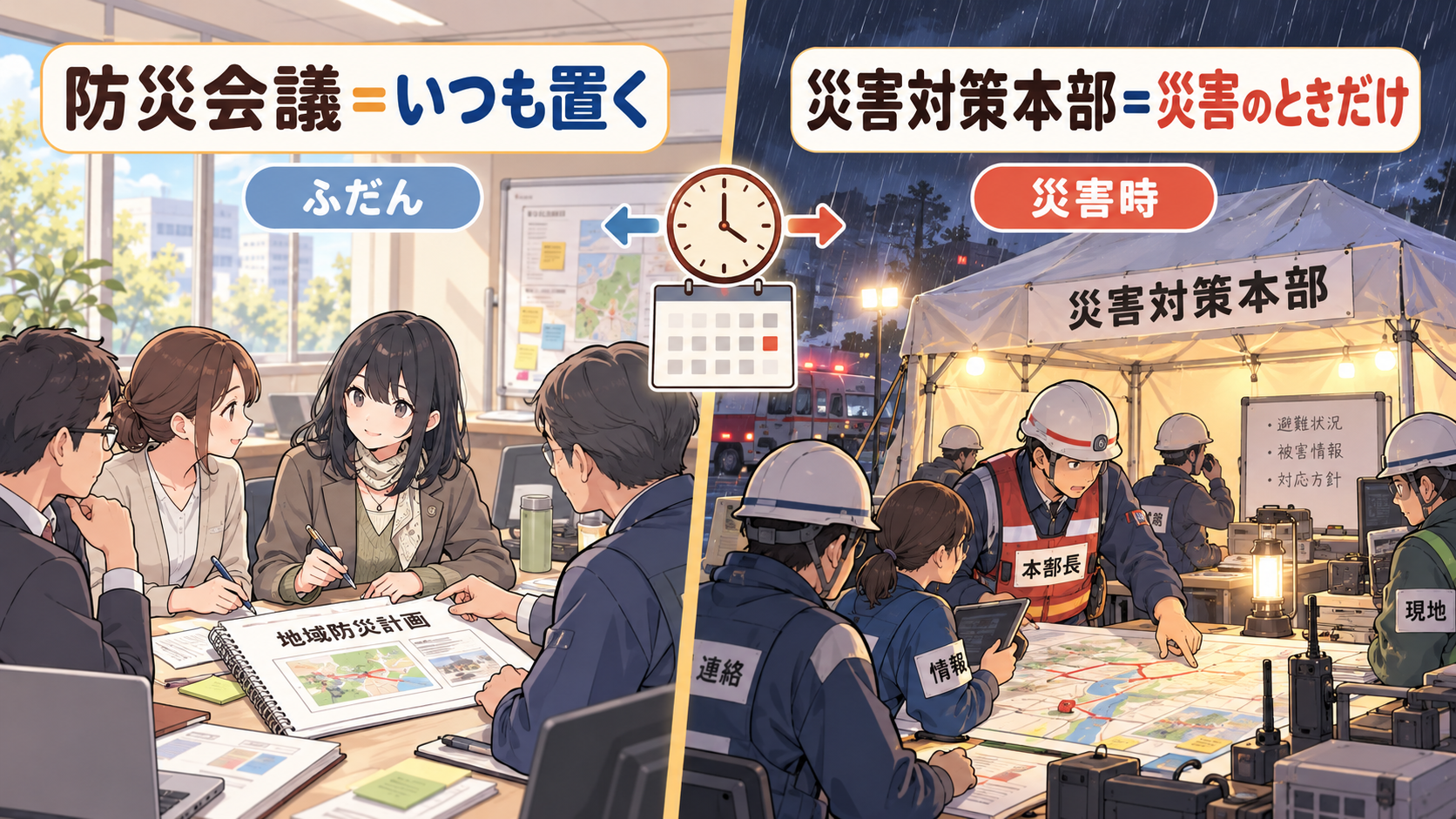 左はふだんの会議室で地域防災計画を作る防災会議、右は雨の中で明かりがともる災害対策本部のテント
