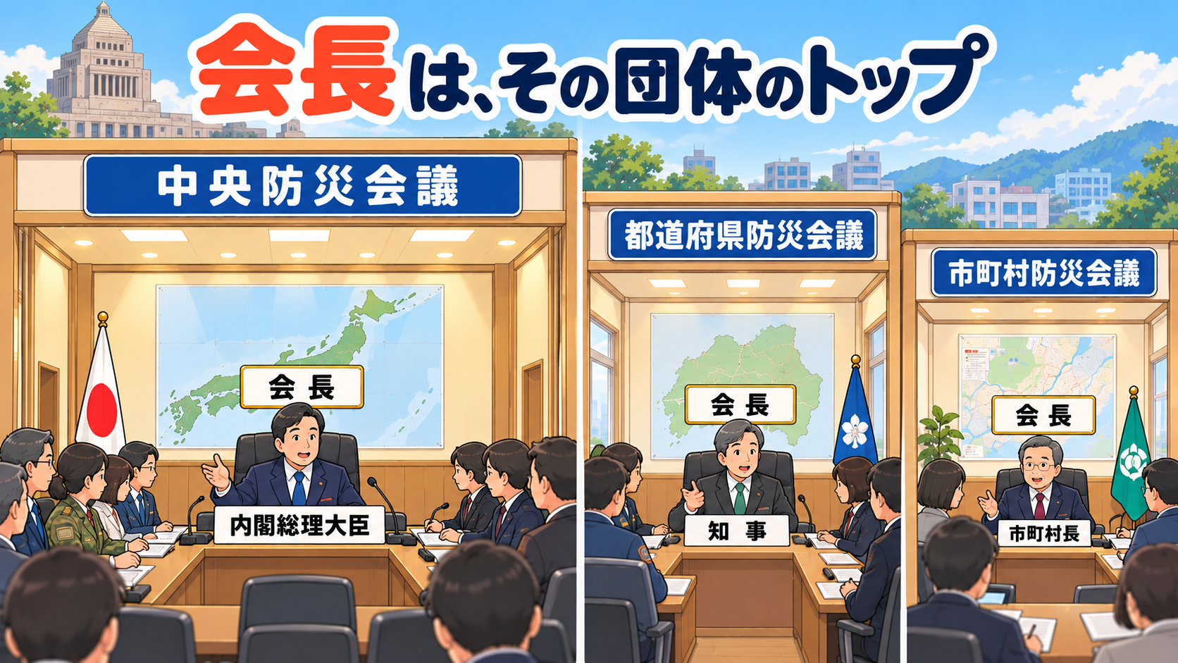 中央防災会議・都道府県防災会議・市町村防災会議の3つの会議室。会長席に内閣総理大臣・知事・市町村長が座る