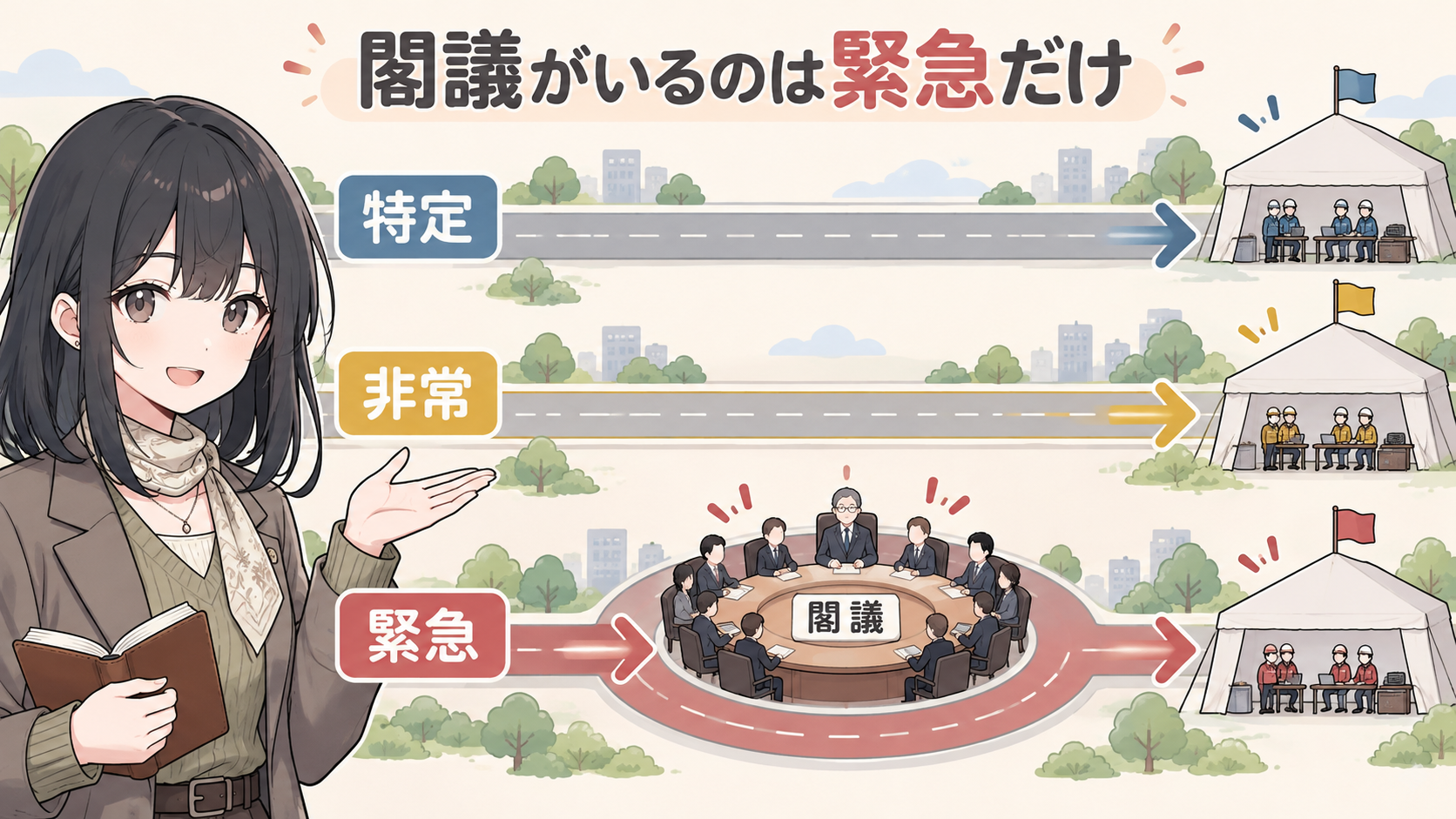 特定・非常・緊急の3本の道のうち、緊急の道だけが閣議の円卓を通ってからテントに着く