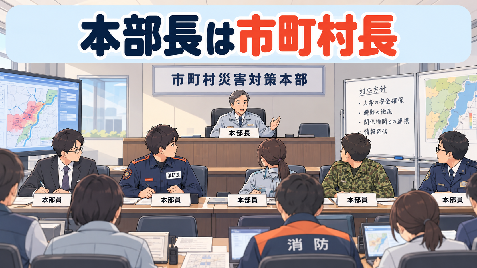 市町村災害対策本部で、正面の本部長席に市町村長、手前の本部員席に消防長が座っている