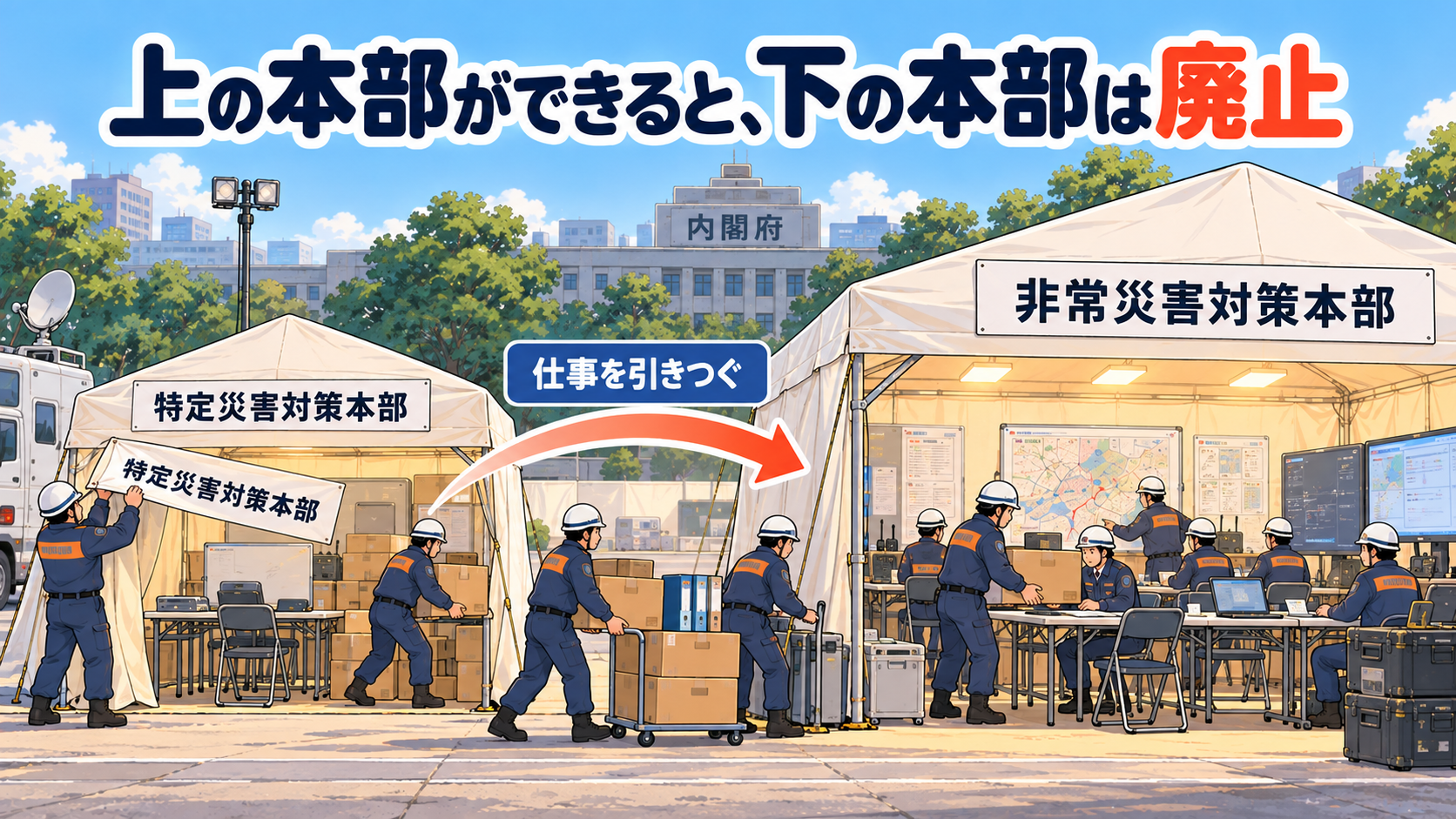 特定災害対策本部の看板が外され、書類の箱がとなりの非常災害対策本部のテントへ運びこまれている