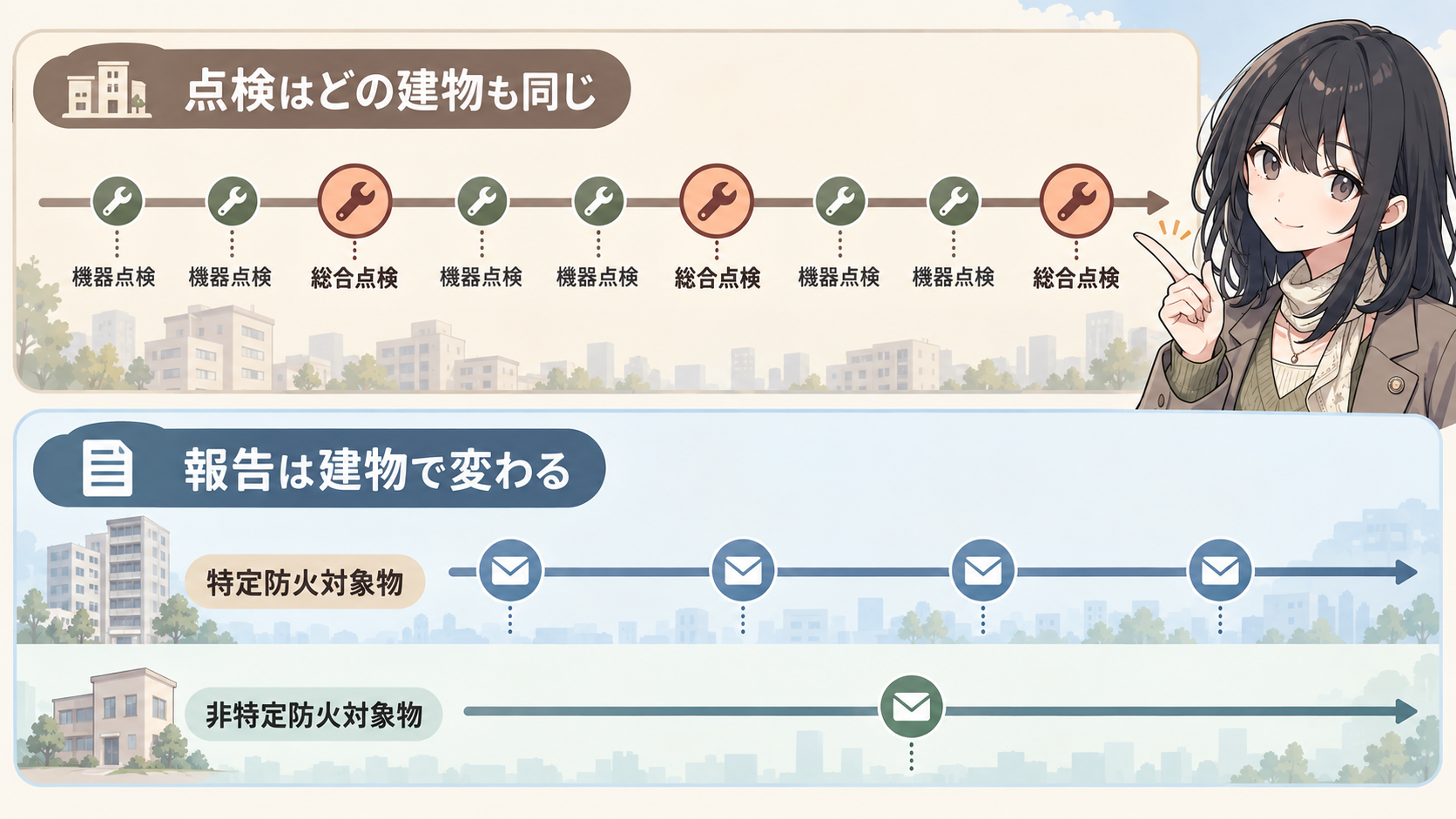 点検はどの建物も同じ間隔。報告は特定防火対象物が1年に1回、非特定防火対象物は3年に1回