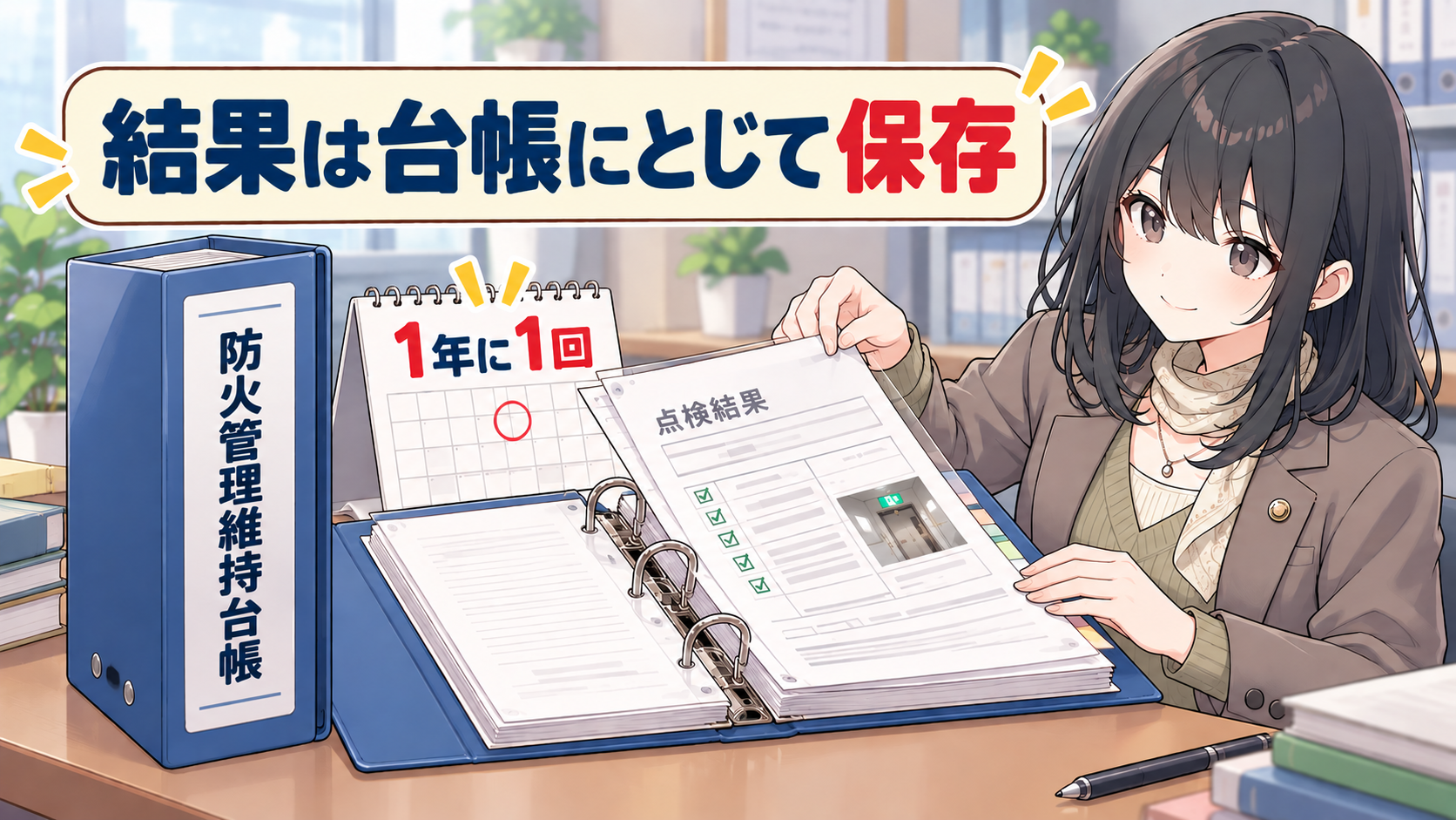 防火管理維持台帳のバインダーに点検結果の用紙をとじこむ場面。1年に1回のカレンダー