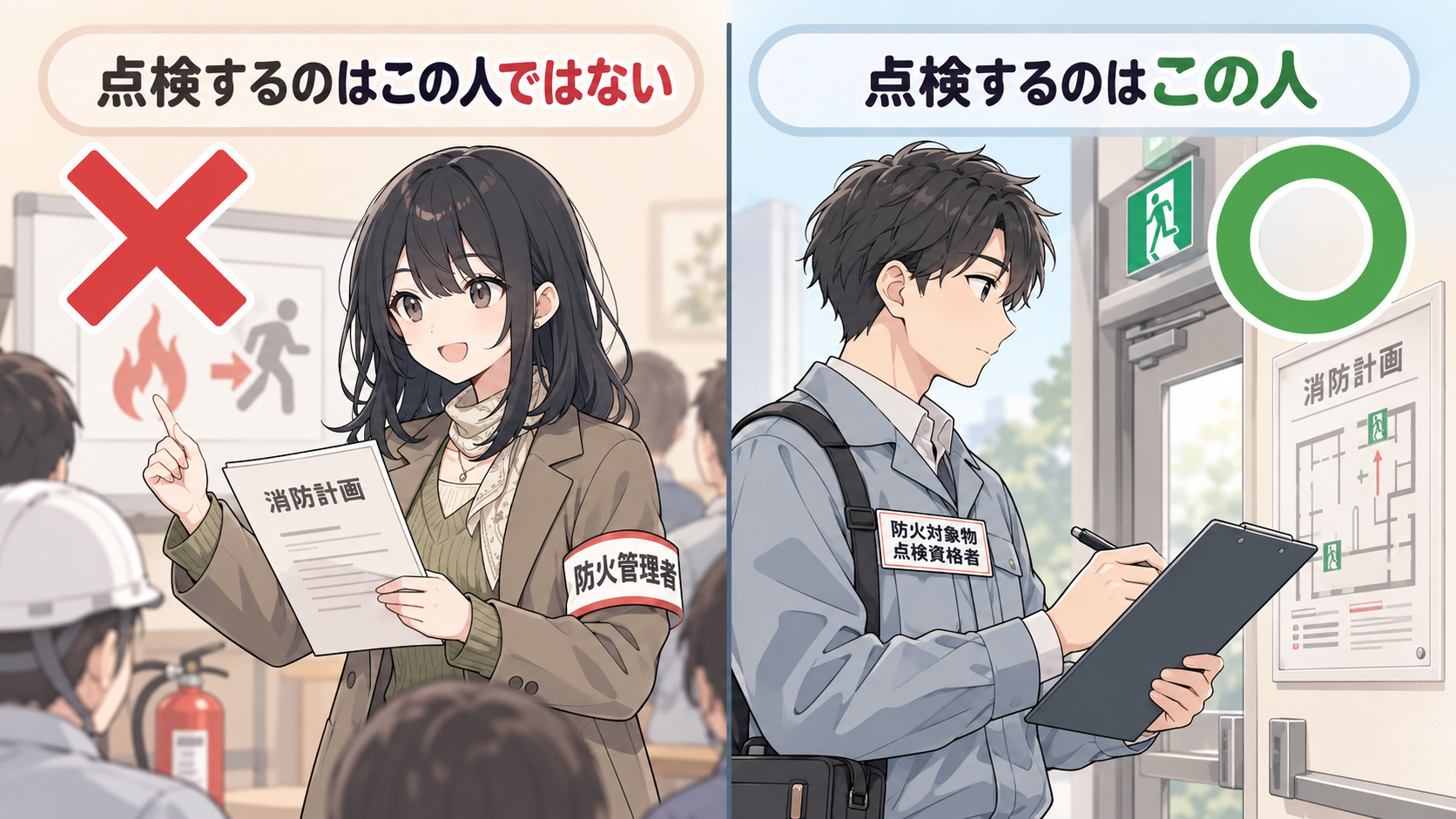 消防計画を持つ防火管理者にバツ、クリップボードで点検する防火対象物点検資格者にマル