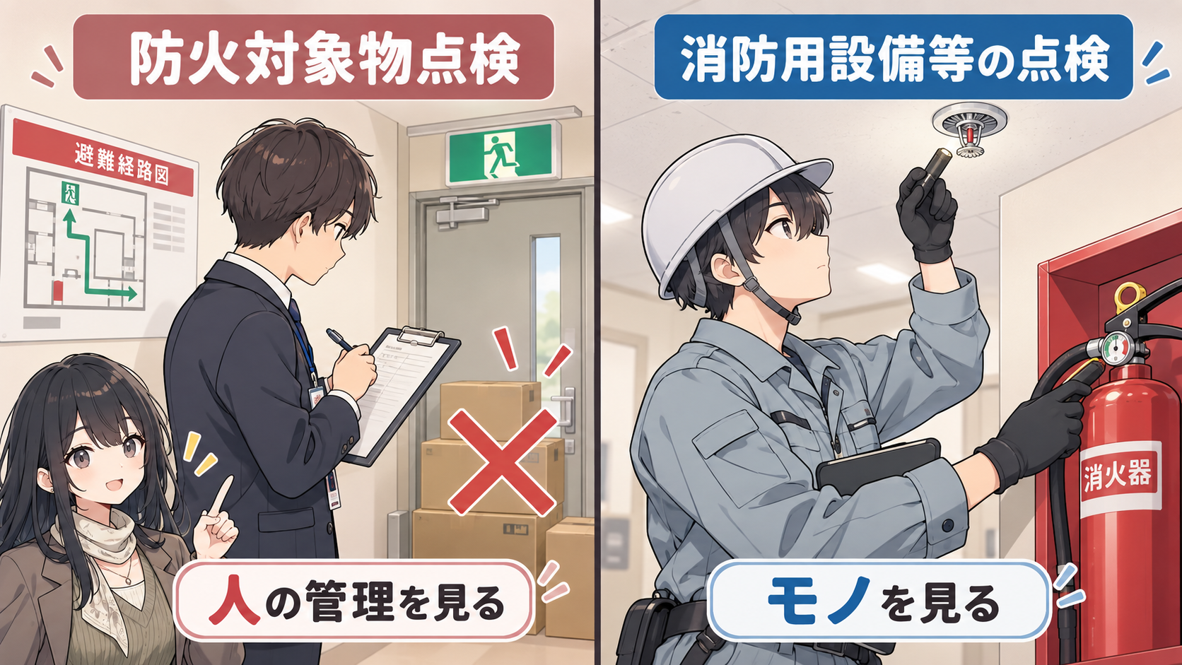 防火対象物点検は避難経路や消防計画など人の管理を見る、消防用設備等の点検は消火器やスプリンクラーなどモノを見る