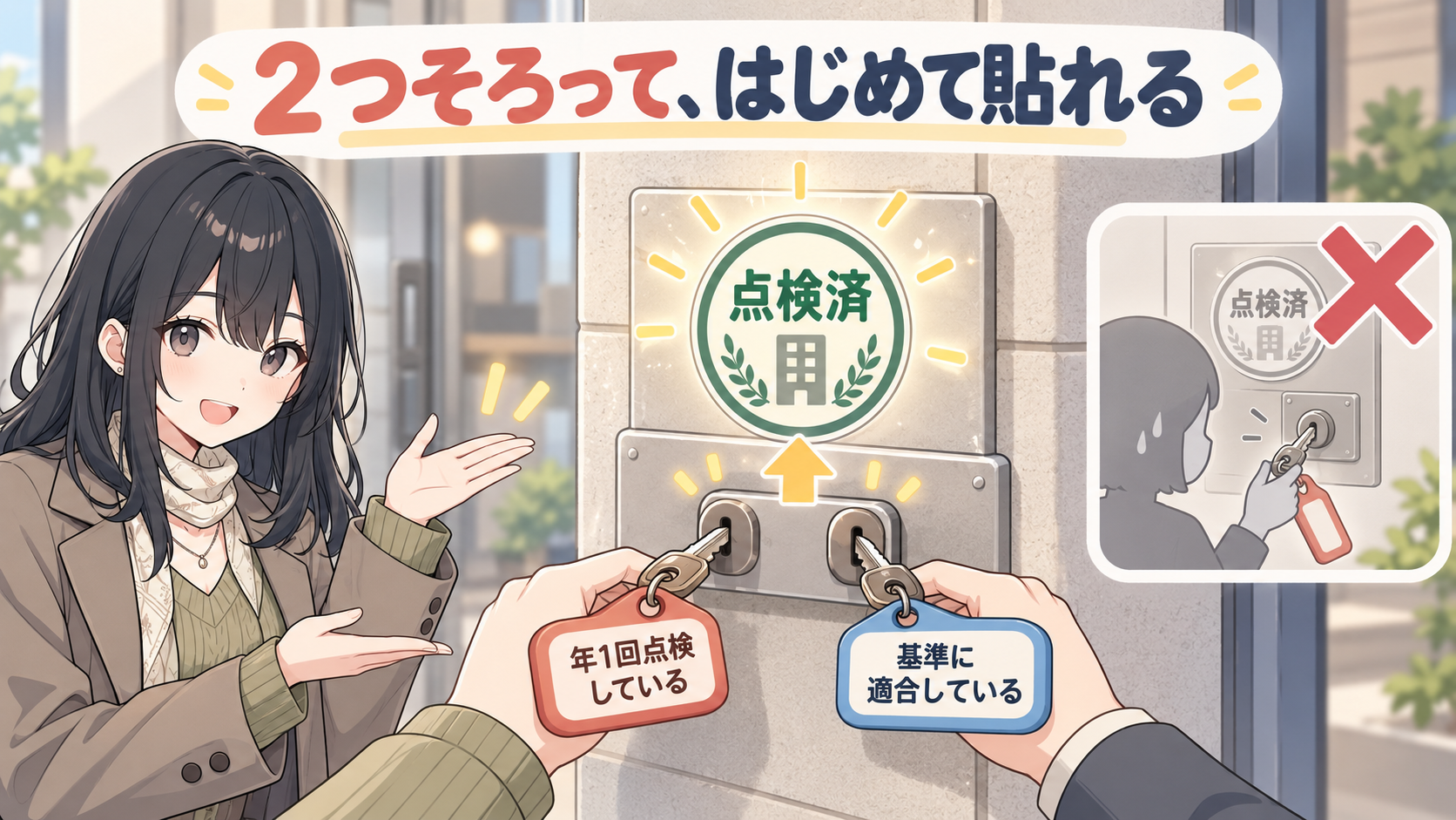 点検済シールの台座に2つの鍵穴。年1回点検している、基準に適合しているの2本の鍵がそろって貼れる