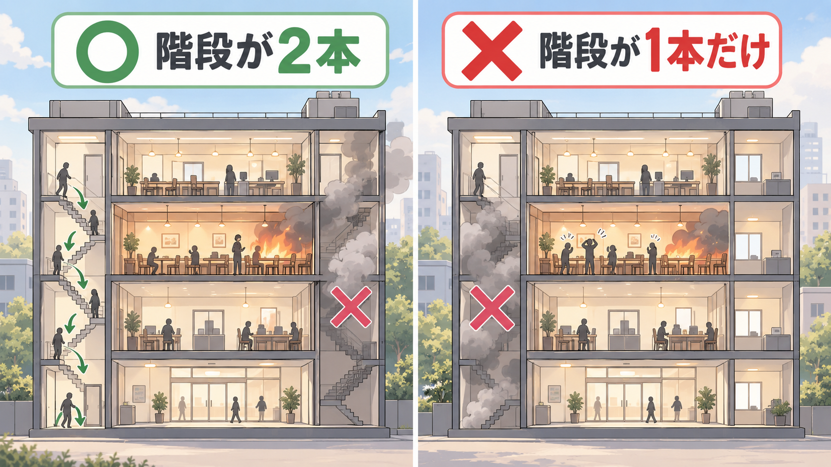階段が2本あれば片方が煙でふさがってももう片方から避難できる。階段が1本だけだと逃げ道がなくなる