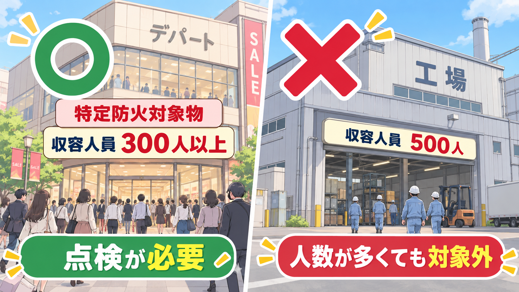 特定防火対象物で収容人員300人以上のデパートはマル、収容人員500人の工場は人数が多くても対象外でバツ