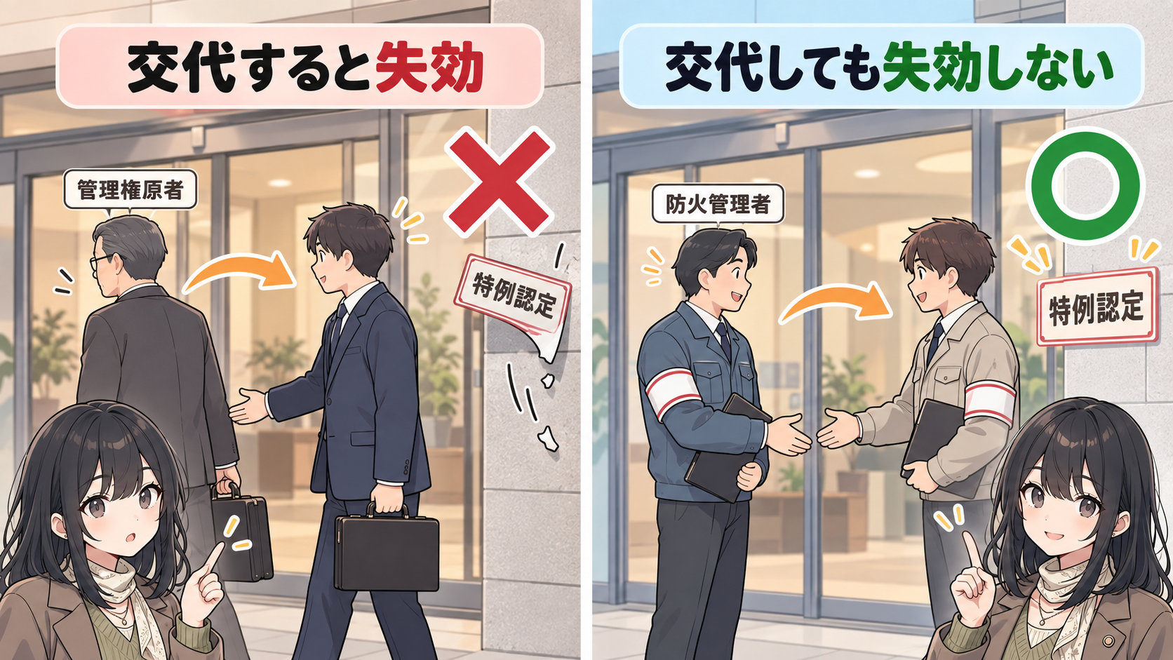 管理権原者が交代すると特例認定の表示がはがれる。防火管理者が交代しても表示はそのまま
