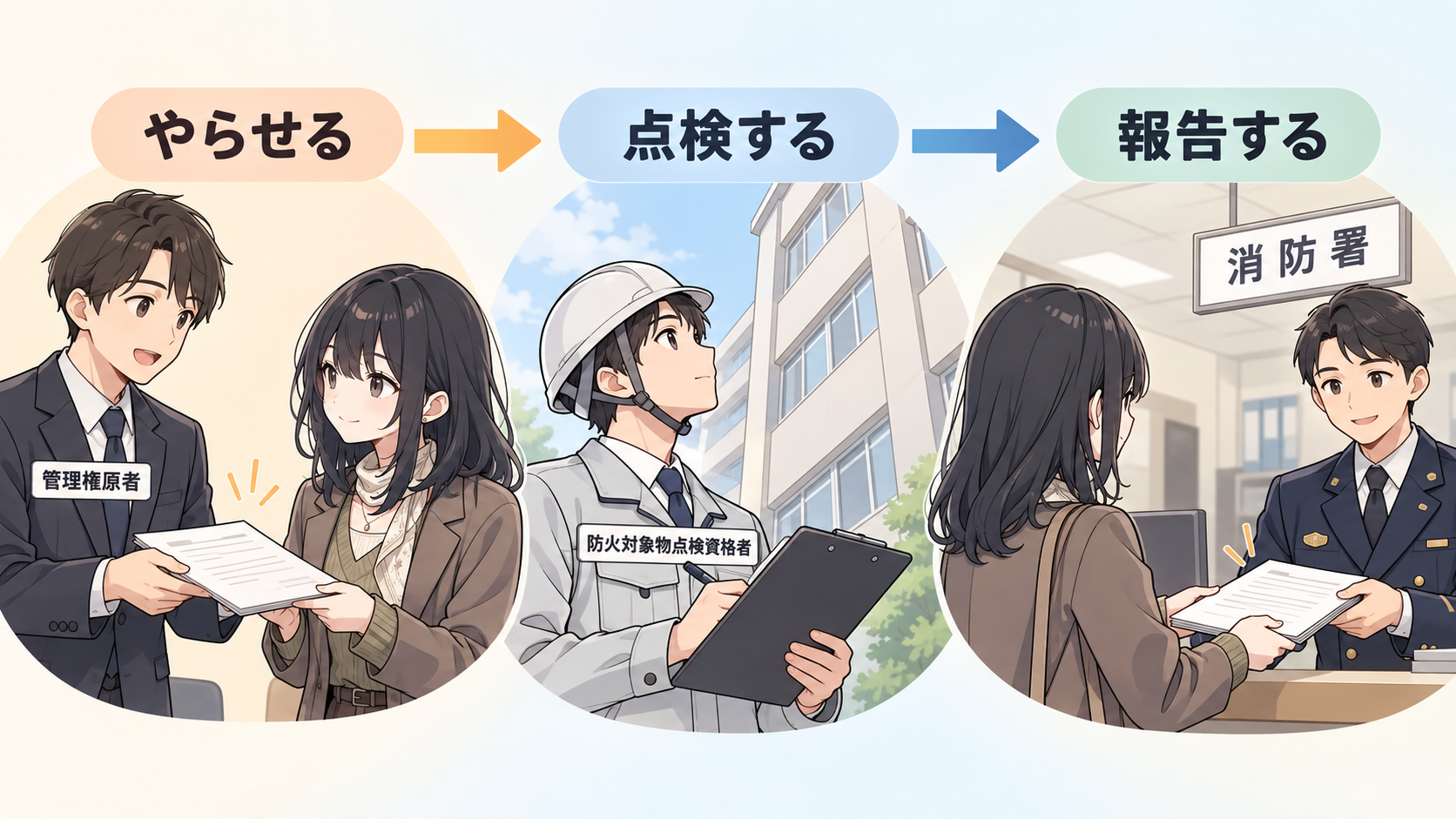 管理権原者がやらせる、防火対象物点検資格者が点検する、消防署へ報告するの3段階