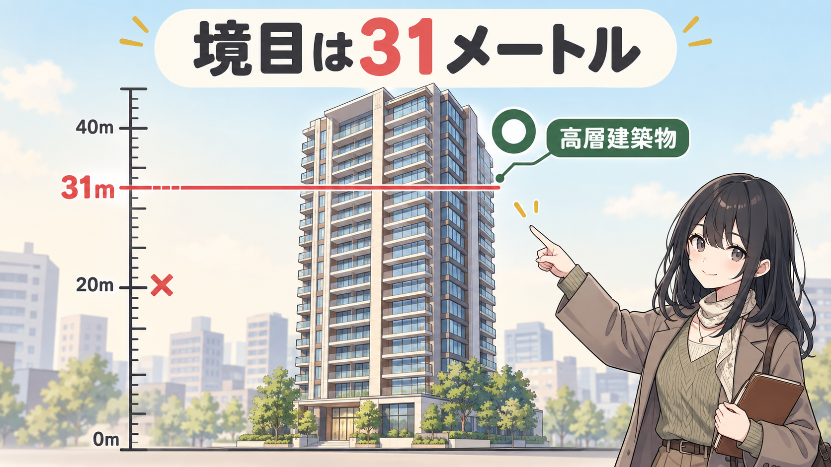 物差しの31メートルに赤い線。それを超えるビルが高層建築物でマル、20メートルにはバツ
